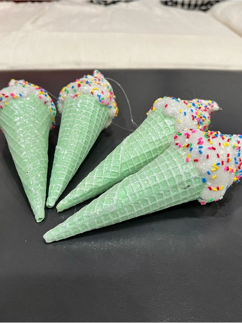 4 Pastel Mint GREEN ICE CREAM CONE DESSERT FOOD SWEET Christmas Ornaments